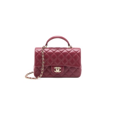 CHANEL TOP HANDLE MINI RECTANGULAR FLAP BAG LAMBSKIN BURGUNDY GHW (20*12*6.5cm)